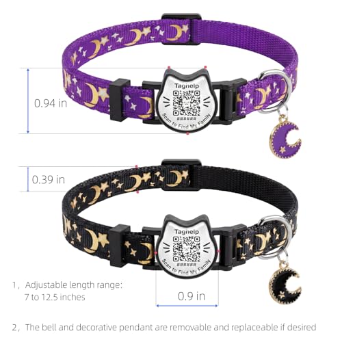 Smart QR Code Cat Collar with Online ID Profile - Breakaway Safety Collar with Bell, Glow in The Dark & Cute Moons Stars Pendant, Adjustable Kitten Collar for Girl Cats 7.0-12.5 Inch(Black) - color: Black, size: Collar Only
