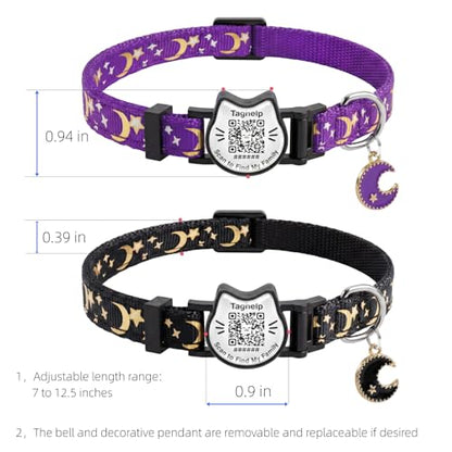 Smart QR Code Cat Collar with Online ID Profile - Breakaway Safety Collar with Bell, Glow in The Dark & Cute Moons Stars Pendant, Adjustable Kitten Collar for Girl Cats 7.0-12.5 Inch(Black) - color: Black, size: Collar Only