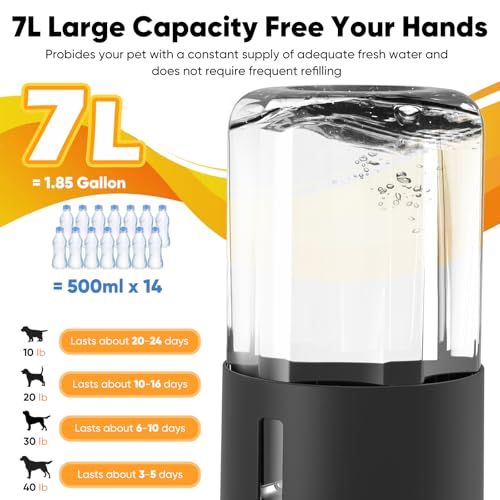 7L Automatic Dog Water Dispenser Bowl, Gravity Pet Water Dispenser with Stainless Steel Bowl, No Spilling Large Capacity Water Feeder for Dogs Cats (7L Without Filter Black)