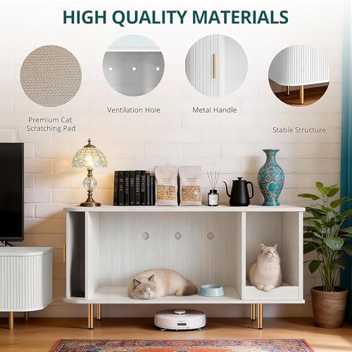 Cat Litter Box Enclosure with Scratch Pad, Sliding Door, 38.5" Cat Litter Furniture Hidden Litter Box Cabinet, Modern Indoor Cat House, TV Stand, Side End Table for Living Room (White) - color: White