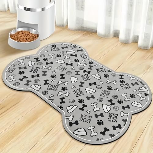 Dog Feeding Mats, Bone-Shaped Feeding pad, Absorbent Dog Mat for Food and Water Bowls, Easy Clean Silicone Mat for Food Bowls & Litter Areas | Cat Litter Mat | Ideal for Dog and Cat Owners - color: Light grey bones, size: 16" x 24"