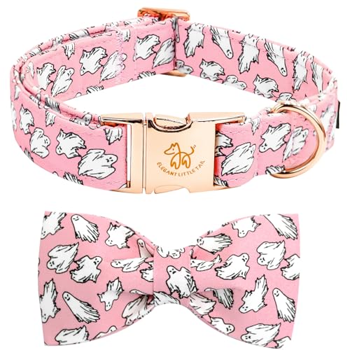 Elegant little tail Halloween Dog Collar, Pink Ghosts Print Dog Collar with Bow Puppy Collar Bowtie Flower Female Cotton Adjustable Collars for Small Medium Large Dogs - color: Pink Ghosts, size: X-Small (Pack of 1)