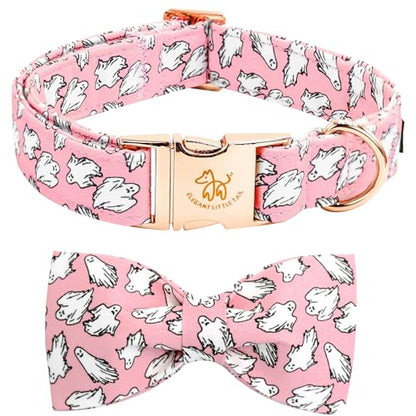 Elegant little tail Halloween Dog Collar, Pink Ghosts Print Dog Collar with Bow Puppy Collar Bowtie Flower Female Cotton Adjustable Collars for Small Medium Large Dogs - color: Pink Ghosts, size: X-Small (Pack of 1)
