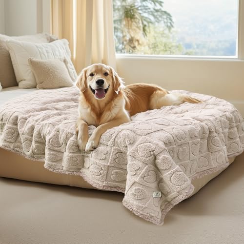 Luciphia Waterproof Dog Blanket for Medium Large Dogs Washable Bed Couch Protector Soft Fluffy 3D Heart Jacquard Pet Blanket with Sherpa Fleece Cozy Calming Throw Blankets, Beige 85x57 inch - color: Beige-waterproof, size: X-Large (85x57 inch)
