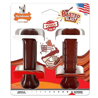 Nylabone Original & Textured Bone Power Chew Toy for Dogs, Durable & Tough Dog Toys for Aggressive Chewers, Basted Blast Bacon and Steak Flavor, Small Dogs - Up to 25 lbs, 2 Pack - size: Small
