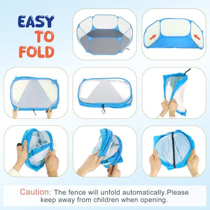 Pawaboo Small Animals Playpen with Pad, Waterproof Small Pet Cage Tent with Reusable Pad, Portable Outdoor Yard Fence for Chick/Kitten/Puppy/Guinea Pig/Rabbits/Chinchillas, Blue+Gray - color: Blue+Gray