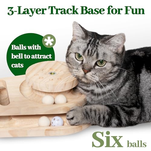 Meowoou Cat Scratching Post Cat Scratcher Interactive Toy with Dangling Ball for Indoor Kitten 2 Layer Base Wooden Ball Track 17.7" Tall Modern Sisal Scratch Pole - size: 18 in Ball Track