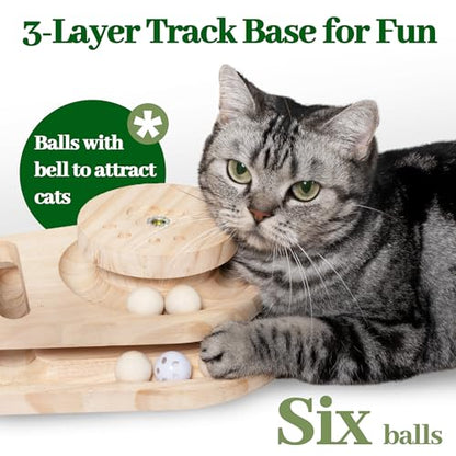 Meowoou Cat Scratching Post Cat Scratcher Interactive Toy with Dangling Ball for Indoor Kitten 2 Layer Base Wooden Ball Track 17.7" Tall Modern Sisal Scratch Pole - size: 18 in Ball Track