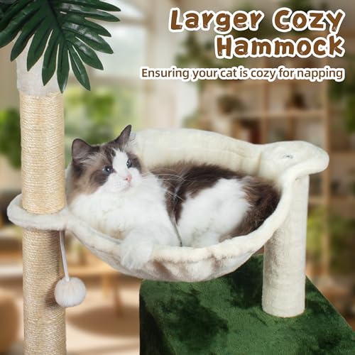 Fantasreen Cat Tree 38" Cat Tower with Large Hammock Metal, Cat Scratching Post for Indoor Cats with Condo, Cat Playground Track Balls and Bouncy Ball, Green and White