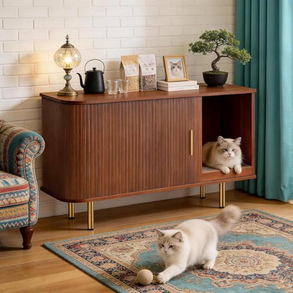Cat Litter Box Enclosure with Scratch Pad, Sliding Door, 38.5" Cat Litter Furniture Hidden Litter Box Cabinet, Modern Indoor Cat House, TV Stand, Side End Table for Living Room (Walnut) - color: Walnut