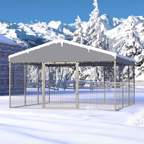 Kullavik 10x10x6 FT Large Outdoor Dog Kennel,Anti-Rust Galvanized Steel Dog Pen with Double Locks,Heavy Duty Dog Enclosure Fence with UV & Water Resistant Roof Cover for Outside - size: 118"L x 118"W x 70.9"H
