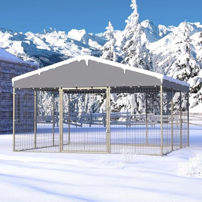 Kullavik 10x10x6 FT Large Outdoor Dog Kennel,Anti-Rust Galvanized Steel Dog Pen with Double Locks,Heavy Duty Dog Enclosure Fence with UV & Water Resistant Roof Cover for Outside - size: 118"L x 118"W x 70.9"H
