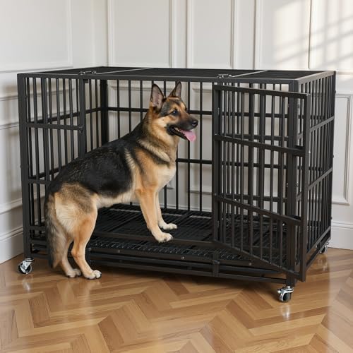 VOWNER 42 inch Heavy Duty Indestructible Dog Crate, Escape-Proof Dog Crate Cage Kennel with 4 Lockable Wheels, High Anxiety Dog Crate with Double Door and Removable Tray Design, for Large Dogs - size: 42.1"L x 27.6"W x 31.3"H
