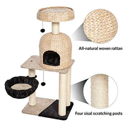 MidWest Homes for Pets Cat Tree | Reid Cat Furniture, 3-Tier Cat Activity Tree w/Sisal Wrapped Support Scratching Posts & Dangle Play Balls, Woven Rattan & Script Medium Cat Tree - size: Reid Woven Rattan/Script