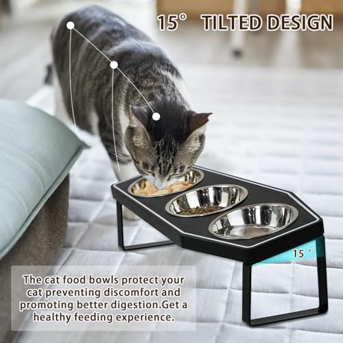 Gothic Cat Food Bowls Elevated, Raised Cat Bowls for Indoor, Non-Slip Stand & Wood Board, Stainless Steel and Whisker Friendly Food Bowls (Cat Bowl*3) - size: Cat Bowls x3