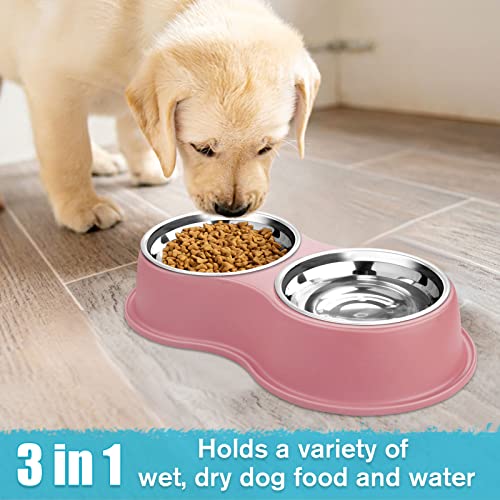 Epetslove Dog Bowls Double Dog Water and Food Bowls Stainless Steel Bowls with Non-Slip Resin Station, Pet Feeder Bowls for Puppy Medium Dogs Cats - color: 3.Pink, size: Medium-18oz