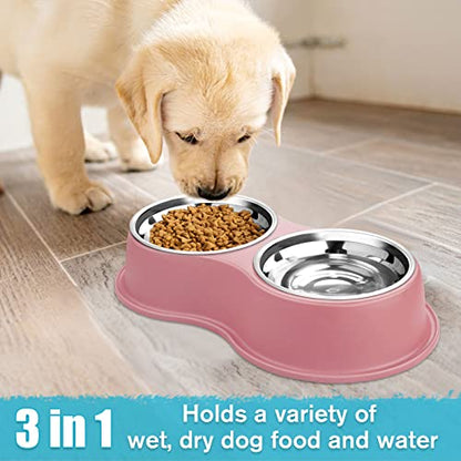 Epetslove Dog Bowls Double Dog Water and Food Bowls Stainless Steel Bowls with Non-Slip Resin Station, Pet Feeder Bowls for Puppy Medium Dogs Cats - color: 3.Pink, size: Medium-18oz