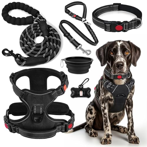 LOBEVE No Pull Dog Harness, Collar & Leash Set | Includes Dog Seat Belt, Collapsible Bowls & Poop Bag Dispenser. Ideal for Training, Walking, Hiking. Fits Small to Large Dogs(Black-L) - color: Black, size: Large