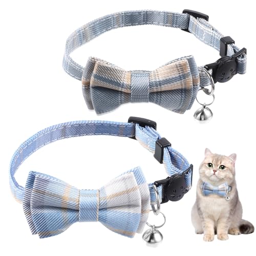 2 PCS Cat Collar Bow Tie, Plaid Bowtie Cat Collar, Breakaway Cute Cat Collar with Bells, Adjustable Bowtie Collars for Boy Kitten Puppy and Small Pets