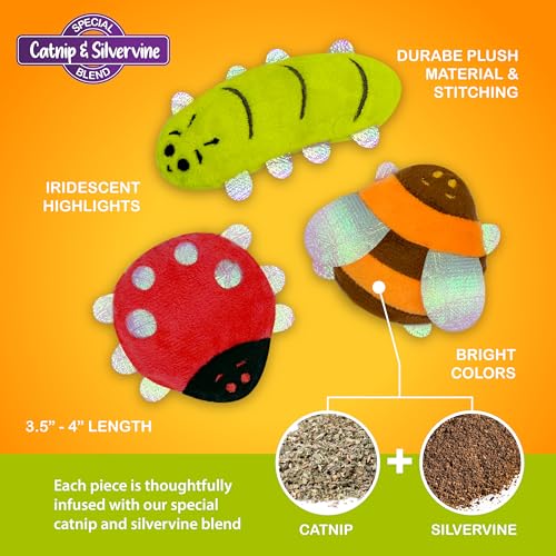 Pounce & Purr® Plush Cat Toys, Catnip & Silvervine Infused, Shiny Iridescent Accents, Interactive Play Toys for Cats & Kittens (Backyard Buggin' Series) - color: Backyard Buggin'