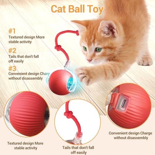 Interactive Cat Toys for Indoor Cats, USB Rechargeable Self-Moving Ball with Tail, Automatic Rolling Ball with 3 Modes, Touch Activated,