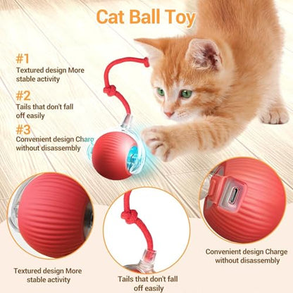 Interactive Cat Toys for Indoor Cats, USB Rechargeable Self-Moving Ball with Tail, Automatic Rolling Ball with 3 Modes, Touch Activated,