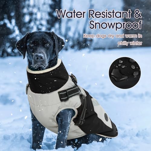 IECOii Dog Coat with Harness Built in - Black, Large - Waterproof Winter Coat, Fleece Lined Snow Jacket for Dogs - color: Black, size: Large(Chest:24.4 in)