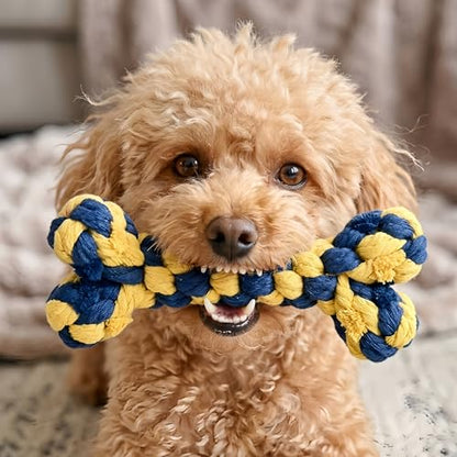 Dog Rope Toys Set with Bone-Shaped Chew Toy, Durable Cotton Rope Toys for Teething, Training, and Interactive Play for Small to Medium Dogs (Blue & Yellow)