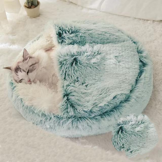 Cat Bed Round Fluffy Hooded Cat Bed Cave, Anti-Anxiety Cave Bed with Hooded Blanket, Cozy Cuddler Luxury Puppy Pet Bed, Anti-Slip Bottom and Machine Washable (Green, Large) - color: Green, size: Large