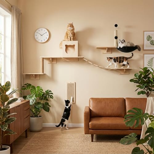 Cat Wall Shelves, Modern Wall-Mounted Cat Furniture Includes House, Bridge, Steps, Scratcher, Perch & Lounge for Indoor Cats, Space-Saving Wall Mounted Cat Shelves for Play & Rest - size: 6-in-1 Cat Shelves