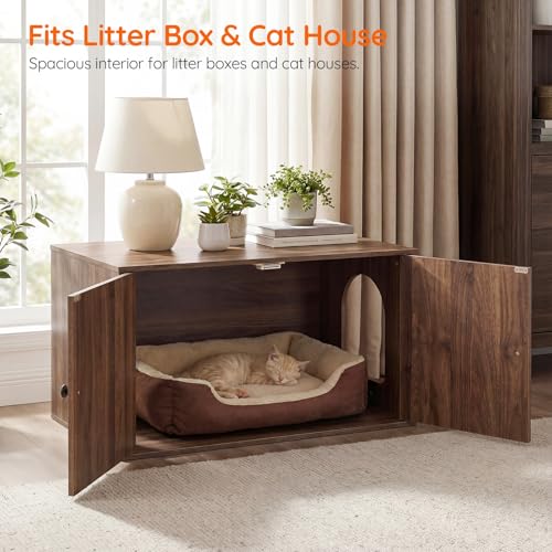 HOOBRO Cat Litter Box Enclosure, Hidden Litter Box Furniture with Side Entry, Litter Box Cabinet, Indoor Cat House, End Side Table, 31.5"L x 17.7"W x 16.3"H, for Living Room, Bathroom, Walnut WL40MW01 - color: Walnut