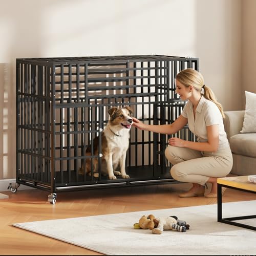 56 inch Heavy Duty Indestructible Dog Crate, Escape Proof Double Door Pet Kennel with Wheels and Trays, Chewproof High Anxiety Extra Large Dog Cage Indoor for Large Giant Dogs, XL/XXL - size: 55.5"L x 29.1"W x 46.1"H