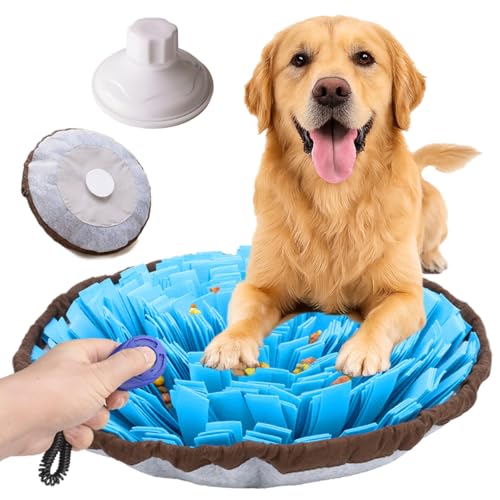 18" Dog Snuffle Mat - Interactive Dog Puzzle Toys for Enrichment - Large Slow Feeder Foraging Mat for Brain Games & Nosework Training - Washable Pet Sniff Mat with Training Clicker and Suction Cup - color: Blue Snuffle Mat with Pet Training Clicker