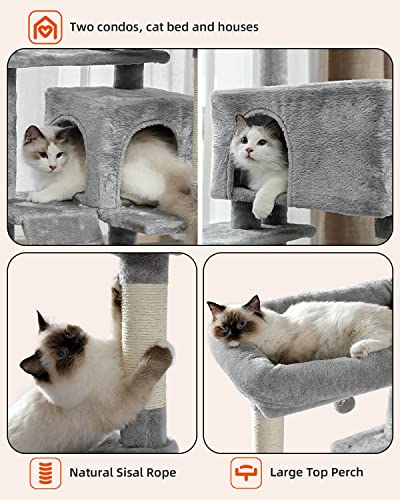 MUTTROS Cat Tree for Large Cats with Super Large Top Perch, 56.3" Cat Tower with Plush Hammock, Dangling Pompom, Cat Scratching Posts and 2 Condos House, Light Grey - color: Grey, size: 56.3inch