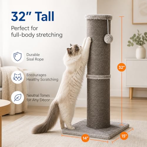 Sisal Cat Scratching Post for Indoor Cats & Kittens, 5.5" Diameter Heavy Duty Vertical Scratcher, 32 Inch Extra Tall Furniture Protector with Stable Base, Grey - color: Cylinder Grey