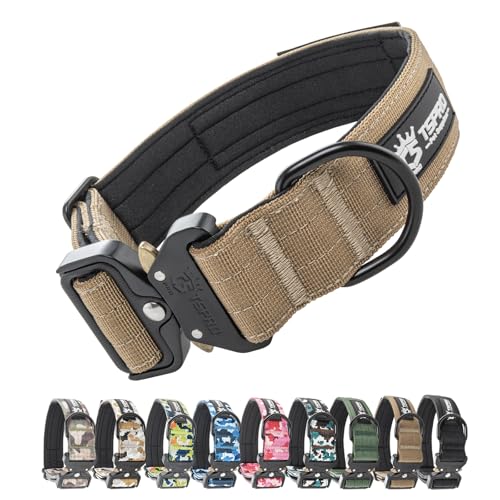 TSPRO Premium Dog Collars Tactical Dog Collar with Patch and Heavy Duty Quick-Release Metal Buckle Durable Thick and Adjustable for Medium to Large Dogs (Khaki M) - color: Basic Khaki, size: Patch-Equipped M (15"-18" Adjustable)