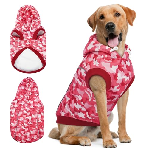 IECOii Dog Hoodie for Large Dogs, Fleece Lined Dog Sweatshirt Pullover with Leash Hole and Reflective Stripes, Windproof Warm Hoodie for Dogs Girl Boy, Fall Winter Doberman Hoodies, Pink Camo, XXXL - color: Pink, size: 3X-Large