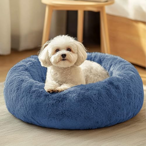 JOLLYVOGUE Dog & Cat Bed, Calming Anti-Anxiety Pet Bed for Small Dogs, Fluffy Donut Cushion for Small and Medium Pets (20") - color: Medium Blue, size: 20"