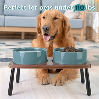 SPUNKYJUNKY Ceramic Elevated Dog Bowls Raised with Acacia Bamboo Wooden Stand, 8.3'' Dog Food Water Bowls Set Non-Slip for Medium Large Sized Breed Microwave Dishwasher Safe - 60 OZ,Dark Green - color: Dark Green, size: 8.3 in - Dual