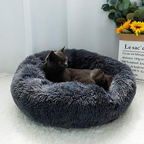 otoez Kitten Puppy Bed Extra Small XS Round Dog Cat Beds Anti Anxiety Plush Pet Calming Donut Bed with Non-Slip Waterproof Bottom, Washable (15.7", Dark Grey) - color: Dark Grey, size: 15.7"