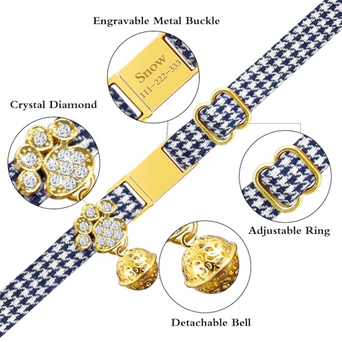 Personalized Breakaway Cat Collars - Magnetic Buckle, Bell - Safety Quick Release, Customized for Girls & Boys Cats- (Houndstooth-Navy) - color: Houndstooth-Navy