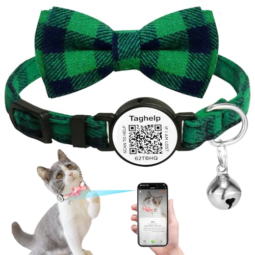 Upgraded Cat Collar with Bells, Breakaway Cat Collars with Bow Tie, Girl Boy Safety Plaid Kitten Collars with QR ID Tag for Girl Boy for Cats,QR Code Cat ID Tags - Pet Online Profile (Green) - color: Green