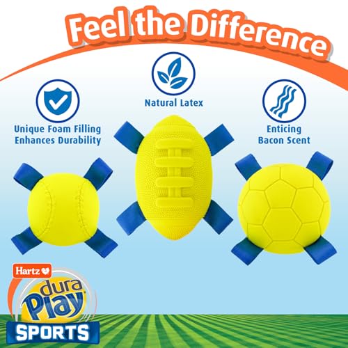 Hartz Dura Play Sports Football Dog Toy, Bacon Scented Squeaky Latex Yellow & Blue Toy, 3 Count - size: 3 Count, style: Football