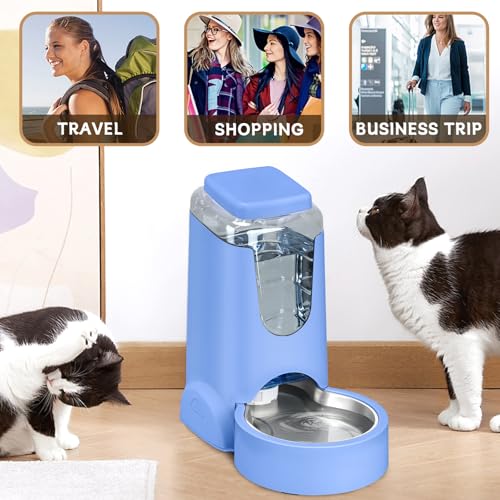 HWONMTE Portable Automatic Cat Feeder and Water Dispenser with Stainless Steel Bowl Dog Gravity Food Feeder and Waterer for Small Medium Pets Puppy Kitten 1 Gallon x 2 (Sapphire Blue) - color: Sapphire Blue