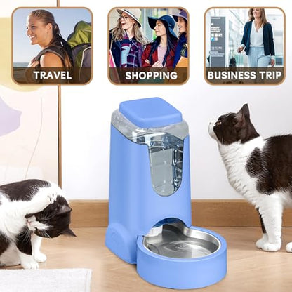 HWONMTE Portable Automatic Cat Feeder and Water Dispenser with Stainless Steel Bowl Dog Gravity Food Feeder and Waterer for Small Medium Pets Puppy Kitten 1 Gallon x 2 (Sapphire Blue) - color: Sapphire Blue