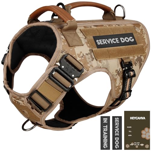 Service Dog Vest - HEYCAHVA Tactical Dog Harness Full Metal Buckles Dog Vest for Large Medium Dog Reflective No Pull Dog Harness with Leather Handle, Hook & Loop for Hiking Training (Desert Camo, XL) - color: Desert Camo, size: XL