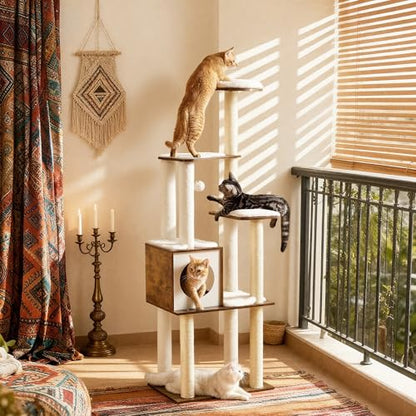 Feandrea Cat Tree, 64.6-Inch Modern Cat Tower, Multi-Level Condo with 5 Scratching Posts, Perch, Washable Removable Cushions, Cave, Rustic Brown UPCT166X01 - color: Rustic Brown