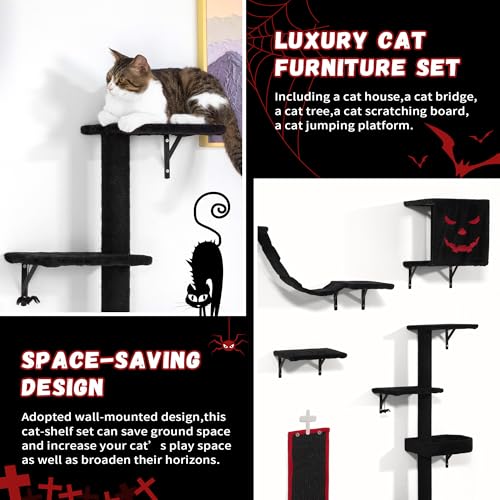 5 Pcs Wall-Mounted Climber Set, Wood Indoor with Shelves and Perches, Ladder, Condo House, Scratching Board and Tree, Wall Shelves Furniture for Cats (Black&Red) - color: Black&Red