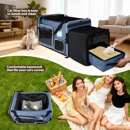 Petskd Side Expandable Extra Large Cat Car Carrier with Collapsible Litter Box for Long Distance Travel,24"x17"x17" Portable Soft Sided Pet Carrier with Roller Shades for 2 Cats Up to 55LBS(Blue) - color: blue