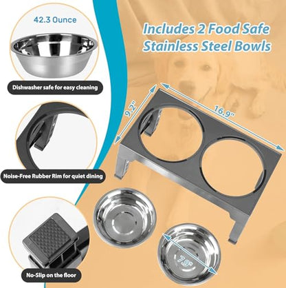 Niubya Elevated Dog Bowls with 2 Stainless Steel Dog Food Bowls, Raised Dog Bowl Adjusts to 5 Heights (3.15", 8.66", 9.84",11.02", 12.2") for Small Medium and Large Dogs - color: Grey
